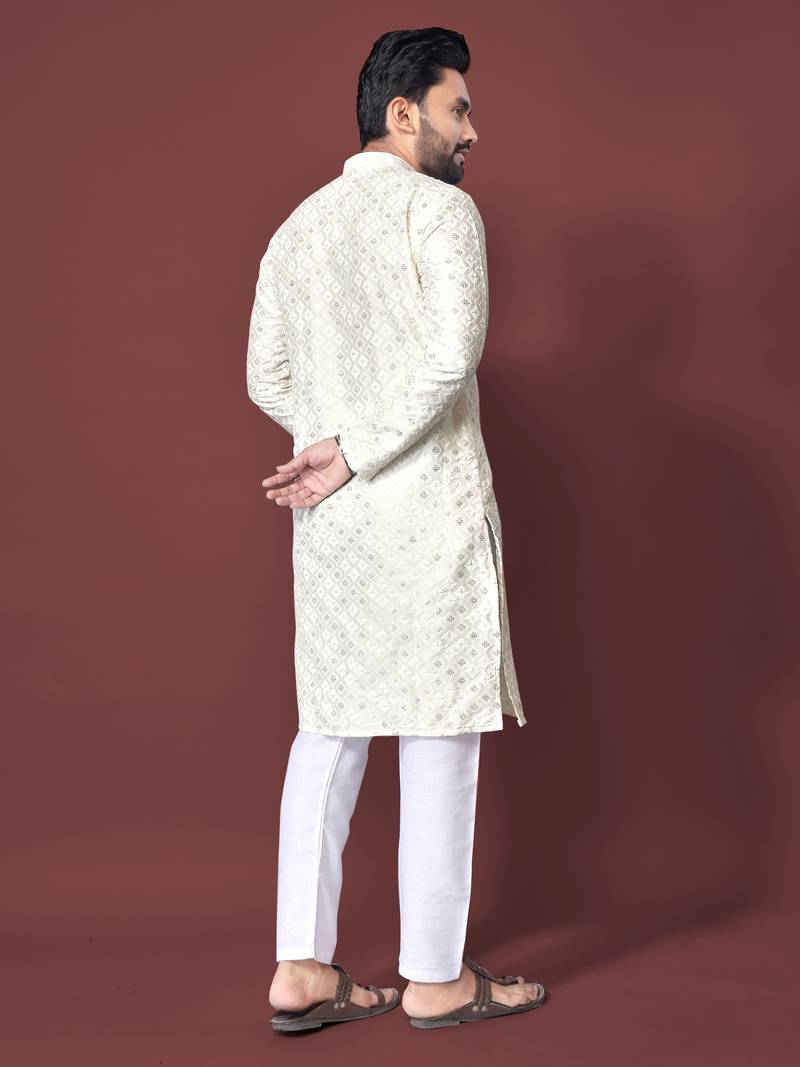 CREAM HEAVY EMBROIDERY WHITE THREAD WORK MENS KURTA PAJAMA SET