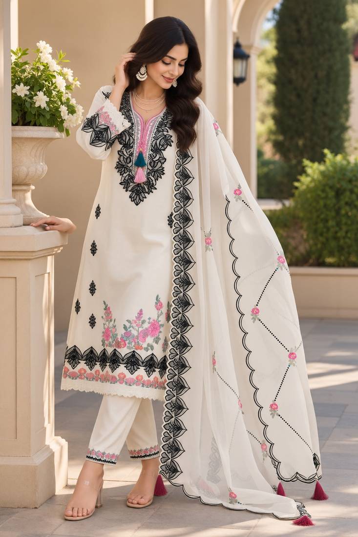 White Embroidered Pure Cotton Straight Suit with Organza Dupatta  Cut Work Ethnic Wear