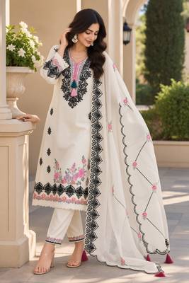 White Embroidered Pure Cotton Straight Suit with Organza Dupatta  Cut Work Ethnic Wear 1