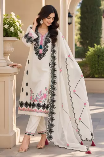 White Embroidered Pure Cotton Straight Suit with Organza Dupatta  Cut Work Ethnic Wear