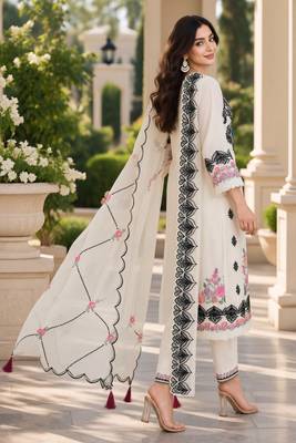 White Embroidered Pure Cotton Straight Suit with Organza Dupatta  Cut Work Ethnic Wear 2