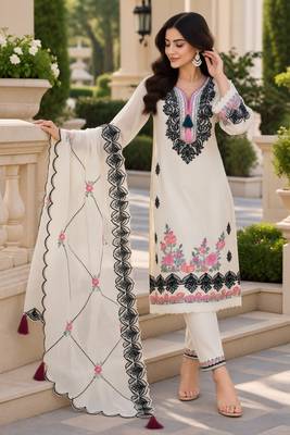 White Embroidered Pure Cotton Straight Suit with Organza Dupatta  Cut Work Ethnic Wear 3