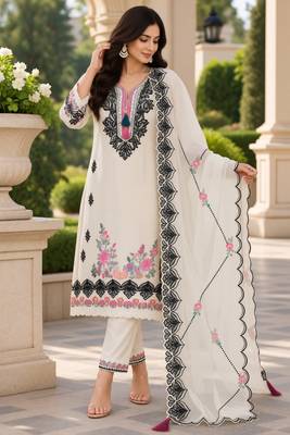 White Embroidered Pure Cotton Straight Suit with Organza Dupatta  Cut Work Ethnic Wear 4