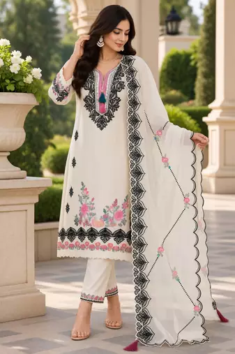 White Embroidered Pure Cotton Straight Suit with Organza Dupatta  Cut Work Ethnic Wear