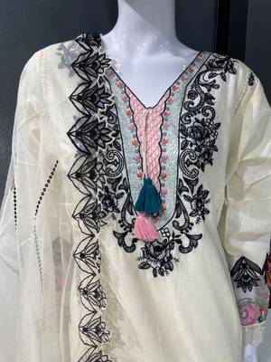 White Embroidered Pure Cotton Straight Suit with Organza Dupatta  Cut Work Ethnic Wear 5
