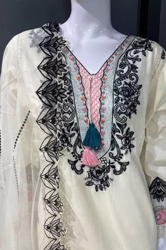 White Embroidered Pure Cotton Straight Suit with Organza Dupatta  Cut Work Ethnic Wear