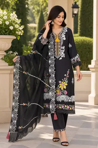 Black Embroidered Pure Cotton Straight Suit with Organza Dupatta Cut Work Ethnic Wear
