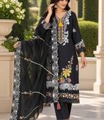 Black Embroidered Pure Cotton Straight Suit with Organza Dupatta Cut Work Ethnic Wear