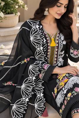 Black Embroidered Pure Cotton Straight Suit with Organza Dupatta Cut Work Ethnic Wear 2
