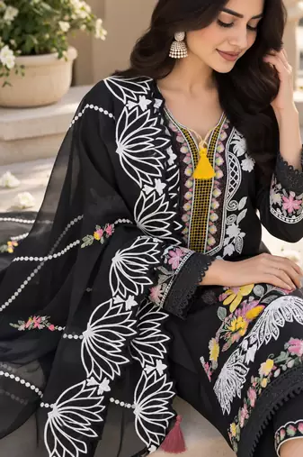 Black Embroidered Pure Cotton Straight Suit with Organza Dupatta Cut Work Ethnic Wear