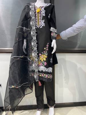 Black Embroidered Pure Cotton Straight Suit with Organza Dupatta Cut Work Ethnic Wear 4