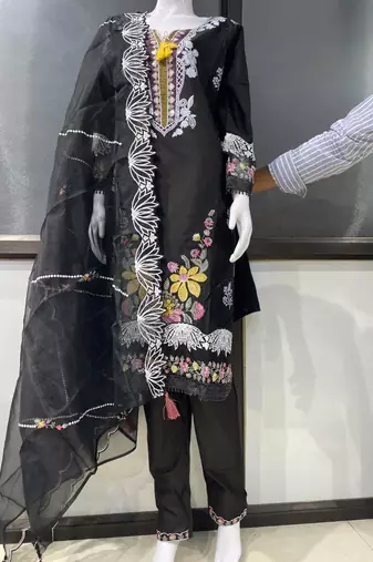 Black Embroidered Pure Cotton Straight Suit with Organza Dupatta Cut Work Ethnic Wear