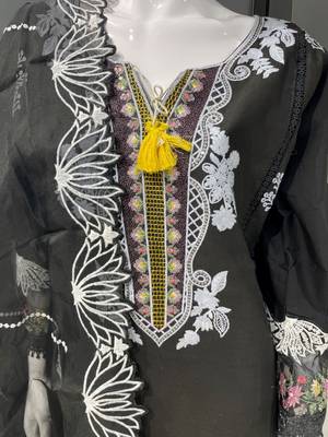 Black Embroidered Pure Cotton Straight Suit with Organza Dupatta Cut Work Ethnic Wear 5