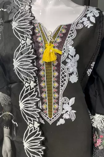 Black Embroidered Pure Cotton Straight Suit with Organza Dupatta Cut Work Ethnic Wear