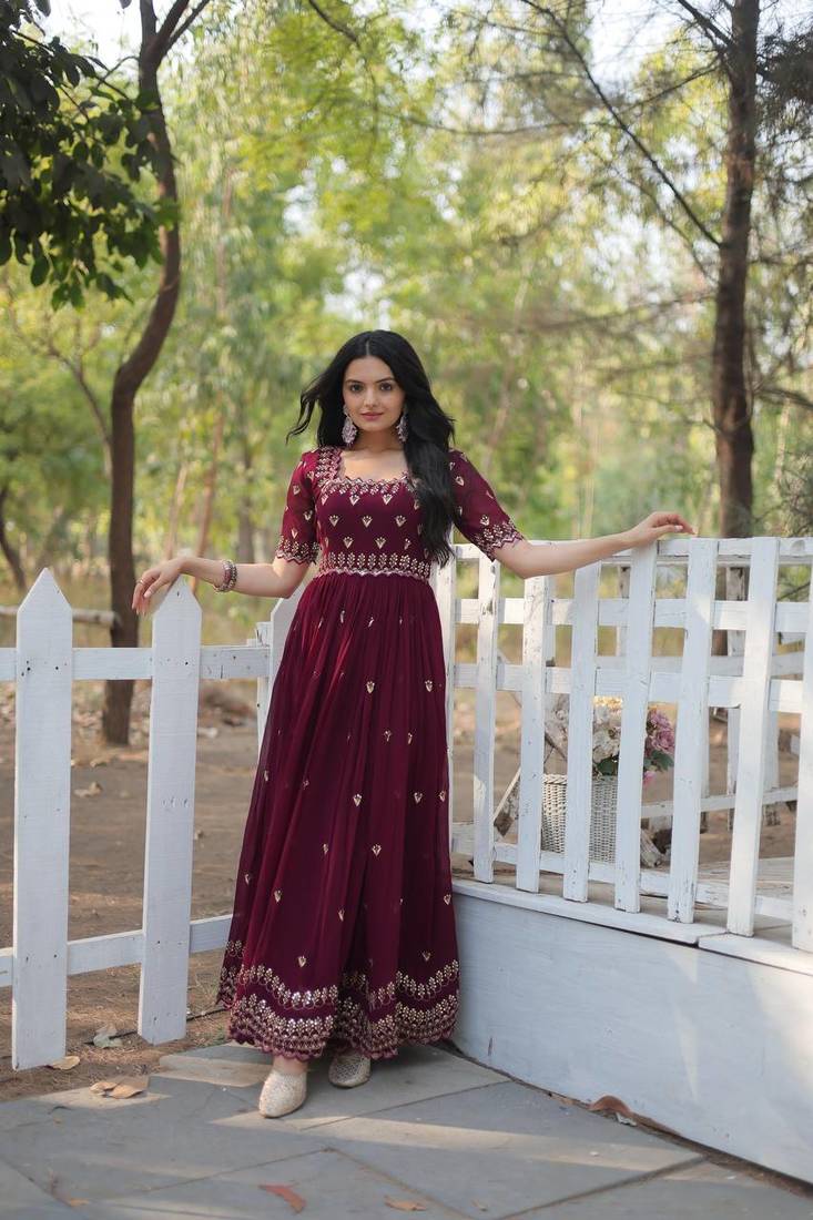 Wine Embroidered Georgette Anarkali Gown  Flared Style Party Wear Ethnic Dress