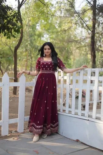 Wine Embroidered Georgette Anarkali Gown  Flared Style Party Wear Ethnic Dress