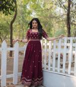 Wine Embroidered Georgette Anarkali Gown  Flared Style Party Wear Ethnic Dress