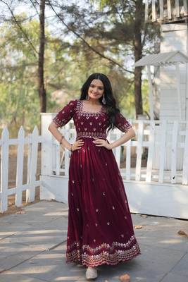 Wine Embroidered Georgette Anarkali Gown  Flared Style Party Wear Ethnic Dress 2