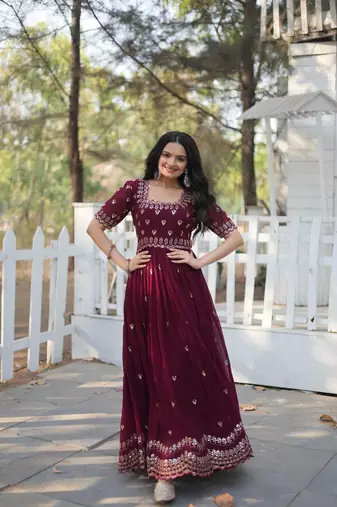 Wine Embroidered Georgette Anarkali Gown  Flared Style Party Wear Ethnic Dress