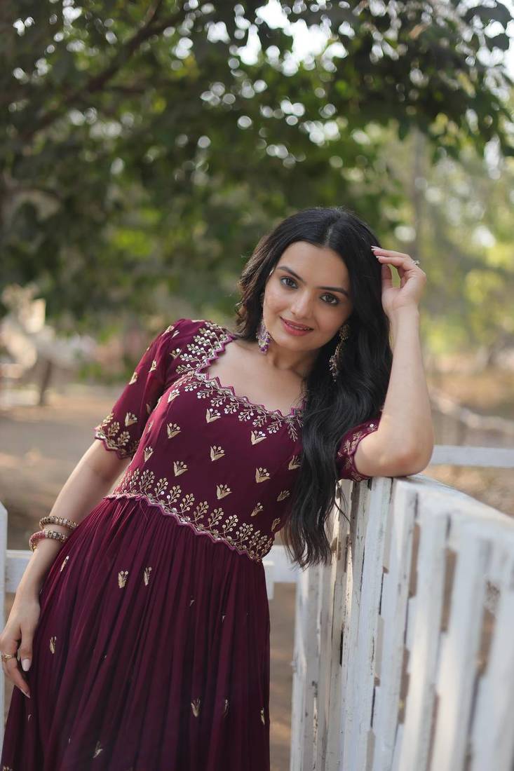 Wine Embroidered Georgette Anarkali Gown  Flared Style Party Wear Ethnic Dress