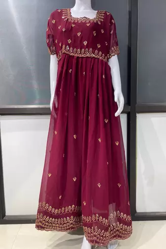 Wine Embroidered Georgette Anarkali Gown  Flared Style Party Wear Ethnic Dress