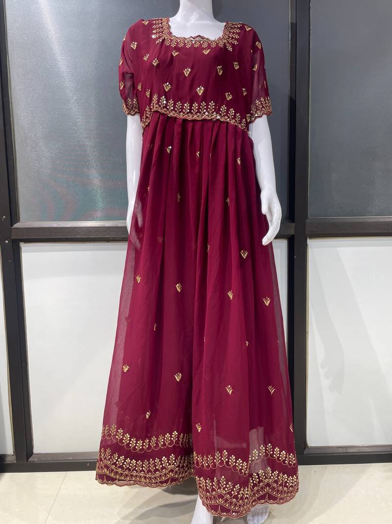 Wine Embroidered Georgette Anarkali Gown  Flared Style Party Wear Ethnic Dress