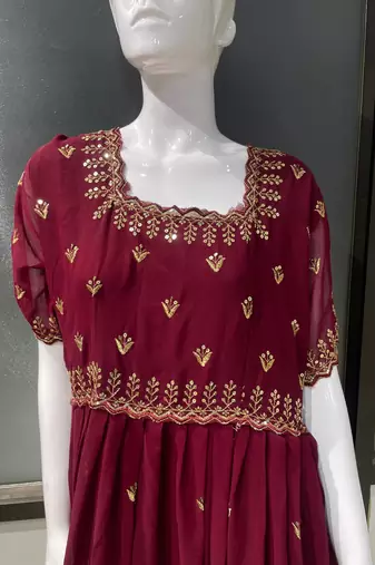 Wine Embroidered Georgette Anarkali Gown  Flared Style Party Wear Ethnic Dress