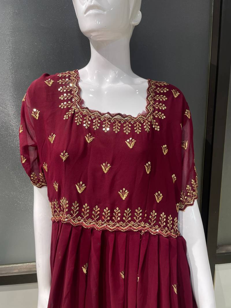 Wine Embroidered Georgette Anarkali Gown  Flared Style Party Wear Ethnic Dress