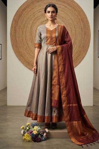 Peach yellow jaquard pure cotton long kurti with dupatta