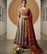 Peach yellow jaquard pure cotton long kurti with dupatta
