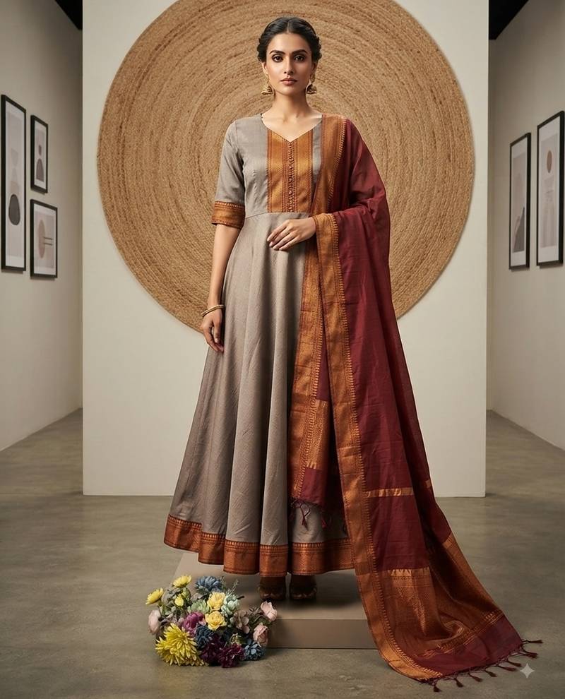 Peach yellow jaquard pure cotton long kurti with dupatta