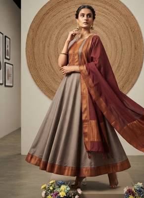 Peach yellow jaquard pure cotton long kurti with dupatta 2