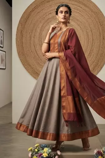 Peach yellow jaquard pure cotton long kurti with dupatta