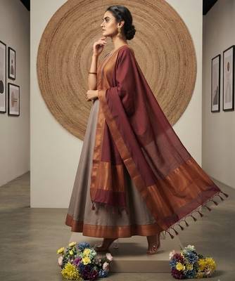 Peach yellow jaquard pure cotton long kurti with dupatta 3