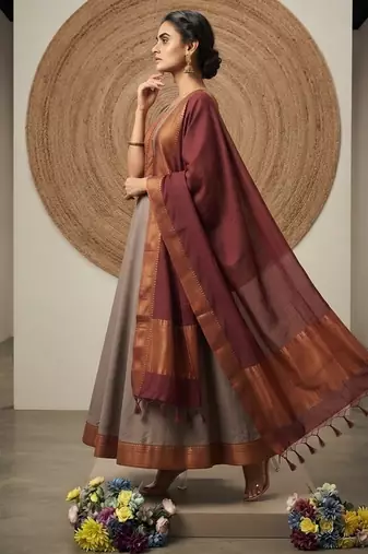 Peach yellow jaquard pure cotton long kurti with dupatta
