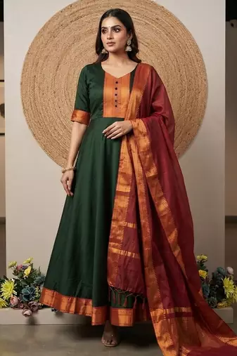 Green jaquard pure cotton long kurti with dupatta