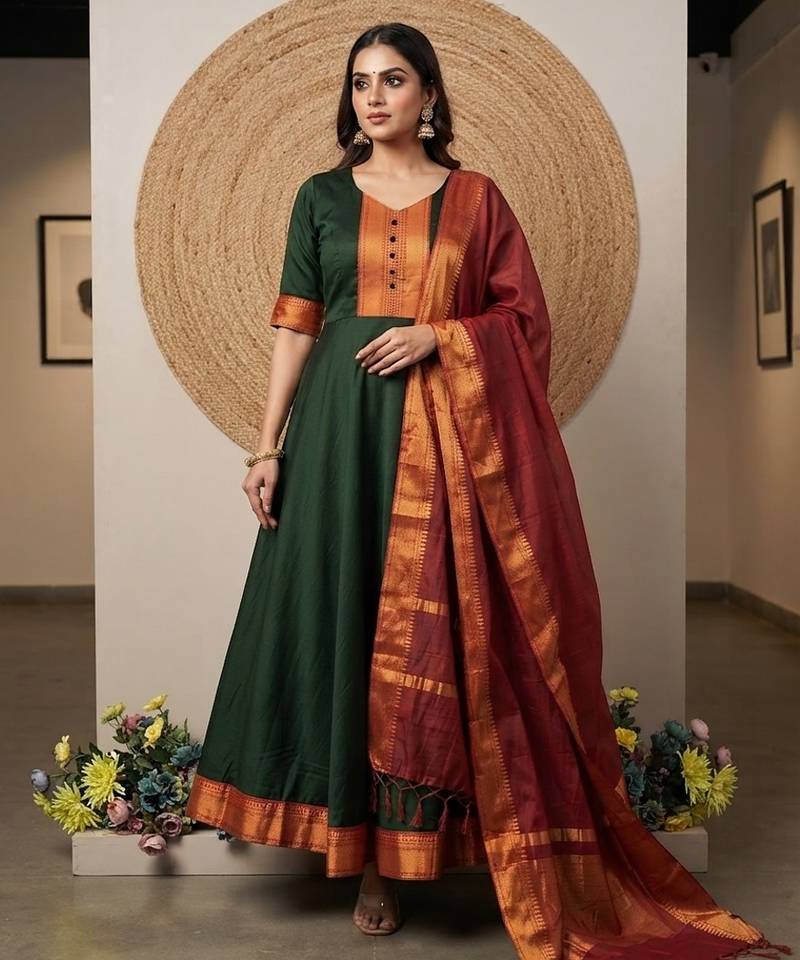 Green jaquard pure cotton long kurti with dupatta