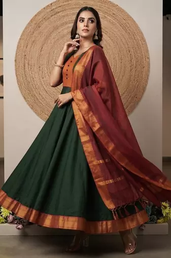 Green jaquard pure cotton long kurti with dupatta