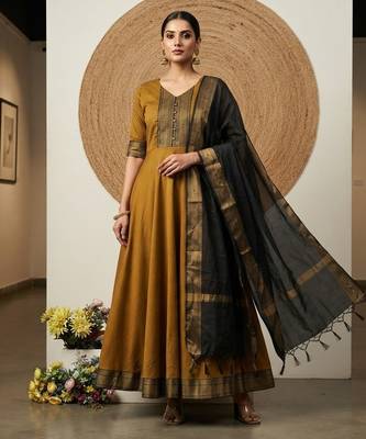Gold jaquard pure cotton long kurti with dupatta 1