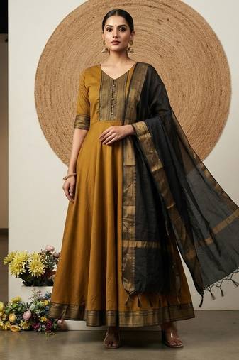 Gold jaquard pure cotton long kurti with dupatta