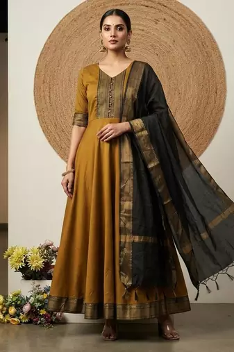 Gold jaquard pure cotton long kurti with dupatta