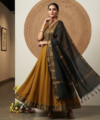 Gold jaquard pure cotton long kurti with dupatta 2