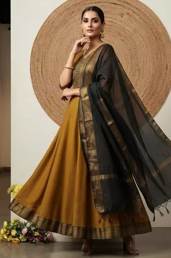 Gold jaquard pure cotton long kurti with dupatta