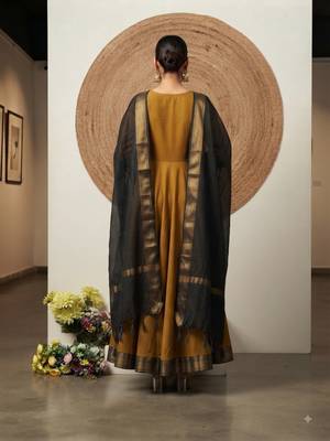 Gold jaquard pure cotton long kurti with dupatta 3