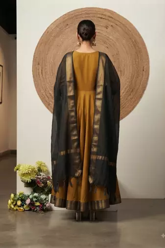 Gold jaquard pure cotton long kurti with dupatta