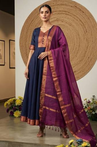 Blue jaquard pure cotton long kurti with dupatta