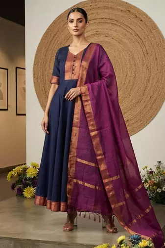 Blue jaquard pure cotton long kurti with dupatta