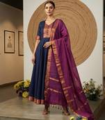 Blue jaquard pure cotton long kurti with dupatta