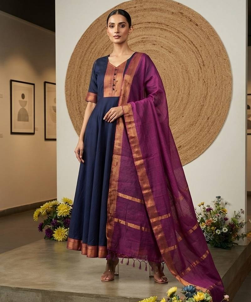 Blue jaquard pure cotton long kurti with dupatta