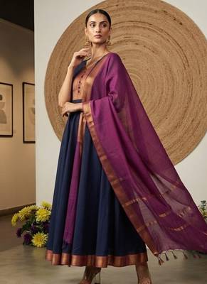 Blue jaquard pure cotton long kurti with dupatta 2